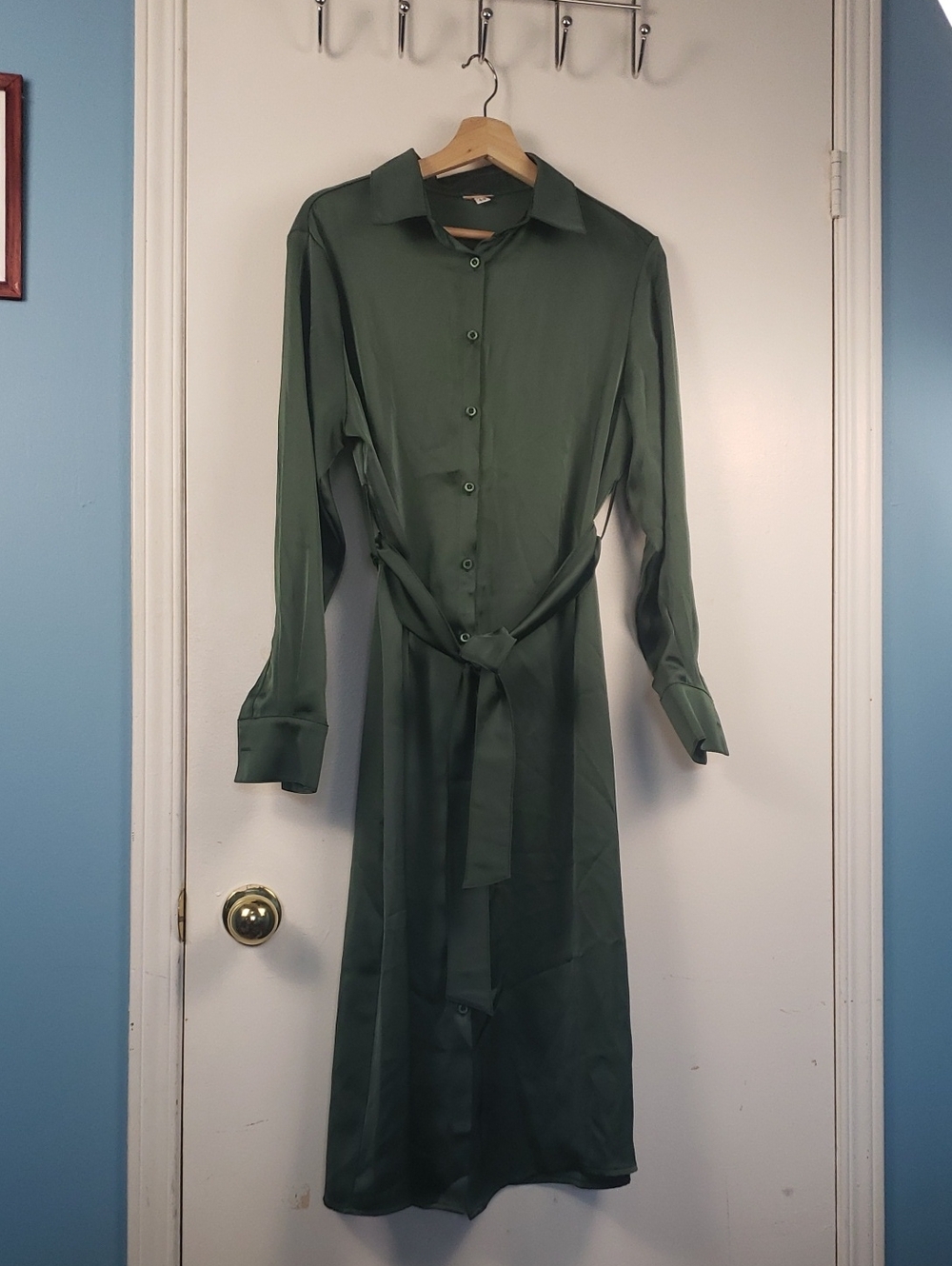 CARRY MATERNITY NURSING Olive Green Shirt Dress with Self Tie Belt SIZE SMALL